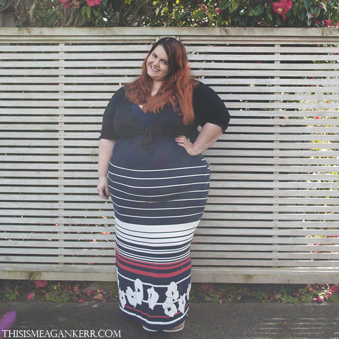 WIWT Maxi Dress Yours Clothing navy white red floral stripes black knitted shrug cork sandals spring summer style plus size fashion Meagan Kerr