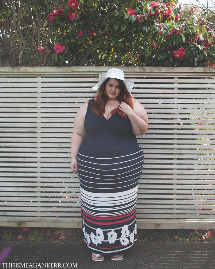 WIWT Maxi Dress Yours Clothing navy white red floral stripes black knitted shrug cork sandals spring summer style plus size fashion Meagan Kerr