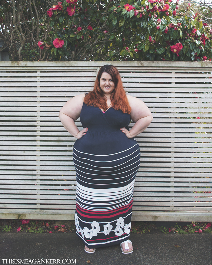 WIWT Maxi Dress Yours Clothing navy white red floral stripes black knitted shrug cork sandals spring summer style plus size fashion Meagan Kerr