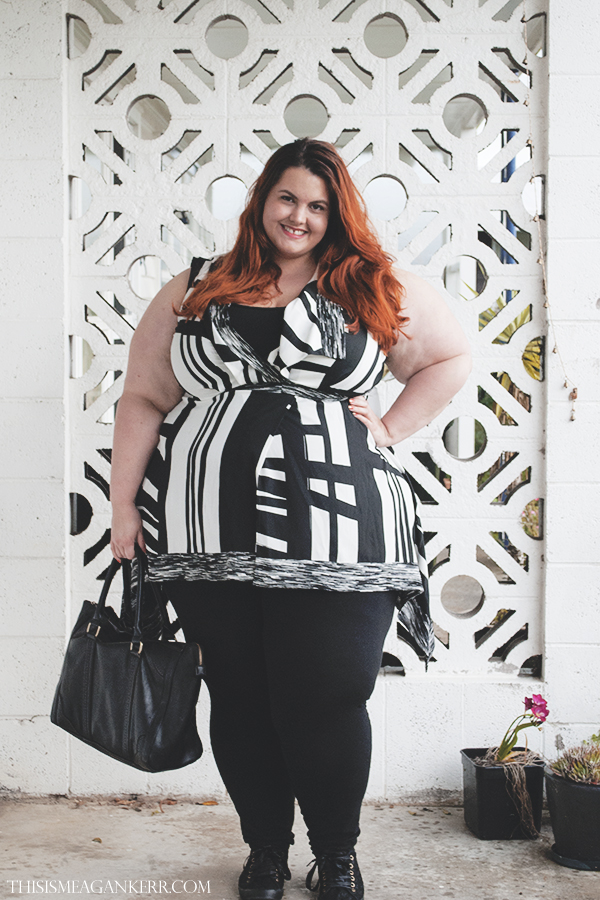 This is Meagan Kerr WIWT Yourself Luxe Monochrome Abstract drape long top sleeveless vneck spring plus size fashion fatshion wild child city full length black leggings singlet tank top salucci collection lace sneakers xcesri brogue detail shopper handbag