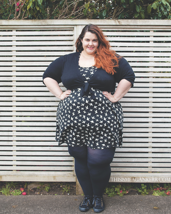 asos bird dress animal print navy cream plus size stockings fatshion meagan kerr