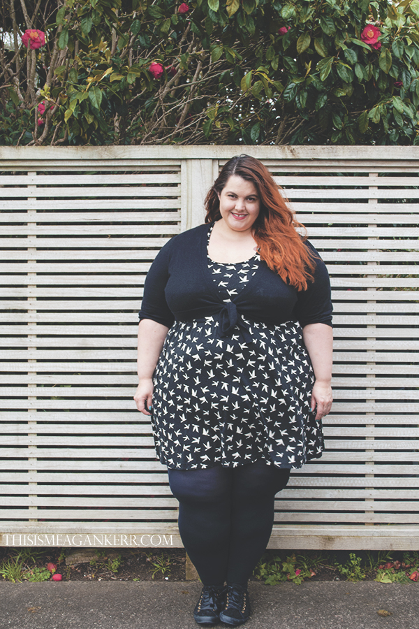 asos bird dress animal print navy cream plus size stockings fatshion meagan kerr