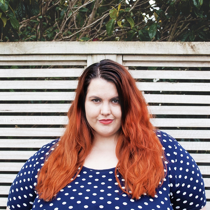 plus size fashion asos curve navy and white polka dot dress spots acid yellow belt fatshion meagan kerr