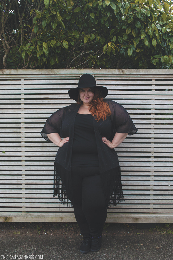 Plus size fashion - Meagan Kerr wears head to toe black - Sara Jeggings from EziBuy, Ellaments Pearl Slip from Lucabella, sweet freedom fringed kimono from Harlow, Jade plimsoles from Rubi Shoes