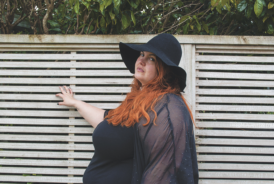 Plus size fashion - Meagan Kerr wears head to toe black - Sara Jeggings from EziBuy, Ellaments Pearl Slip from Lucabella, sweet freedom fringed kimono from Harlow, Jade plimsoles from Rubi Shoes