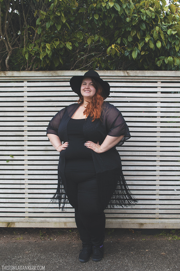 Plus size fashion - Meagan Kerr wears head to toe black - Sara Jeggings from EziBuy, Ellaments Pearl Slip from Lucabella, sweet freedom fringed kimono from Harlow, Jade plimsoles from Rubi Shoes