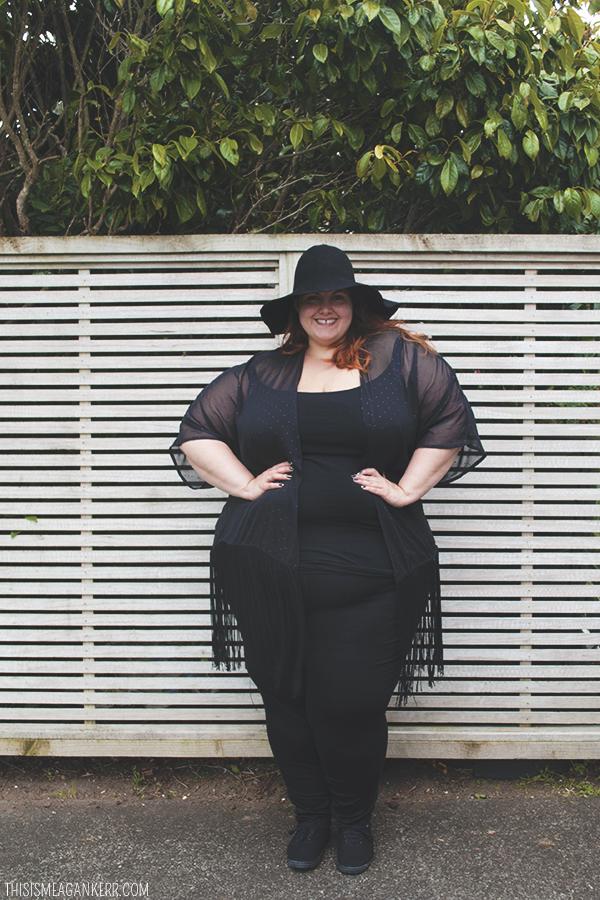 Plus size fashion - Meagan Kerr wears head to toe black - Sara Jeggings from EziBuy, Ellaments Pearl Slip from Lucabella, sweet freedom fringed kimono from Harlow, Jade plimsoles from Rubi Shoes