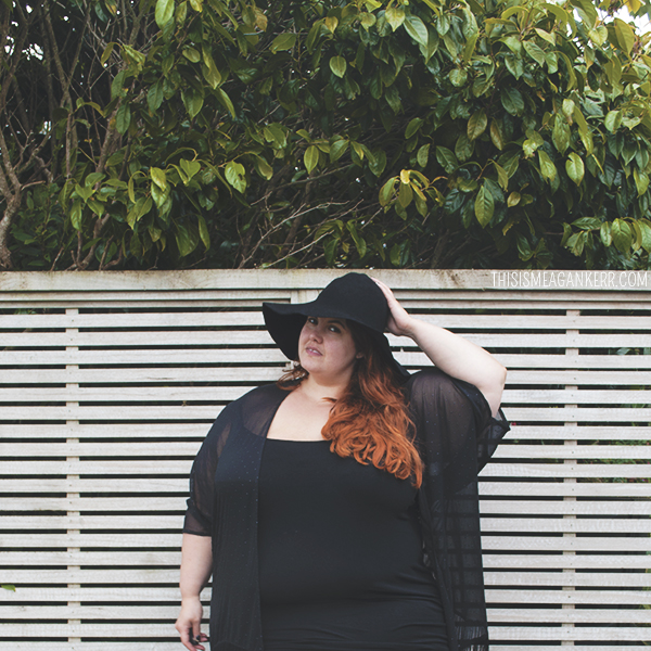 Plus size fashion - Meagan Kerr wears head to toe black - Sara Jeggings from EziBuy, Ellaments Pearl Slip from Lucabella, sweet freedom fringed kimono from Harlow, Jade plimsoles from Rubi Shoes