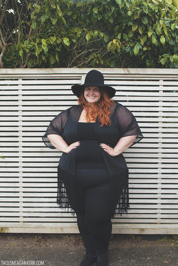 Plus size fashion - Meagan Kerr wears head to toe black - Sara Jeggings from EziBuy, Ellaments Pearl Slip from Lucabella, sweet freedom fringed kimono from Harlow, Jade plimsoles from Rubi Shoes