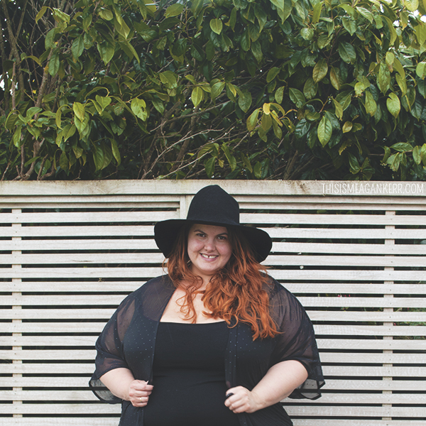 Plus size fashion - Meagan Kerr wears head to toe black - Sara Jeggings from EziBuy, Ellaments Pearl Slip from Lucabella, sweet freedom fringed kimono from Harlow, Jade plimsoles from Rubi Shoes