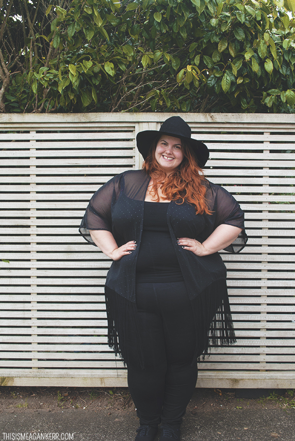 Plus size fashion - Meagan Kerr wears head to toe black - Sara Jeggings from EziBuy, Ellaments Pearl Slip from Lucabella, sweet freedom fringed kimono from Harlow, Jade plimsoles from Rubi Shoes