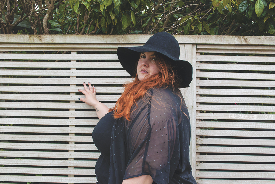 Plus size fashion - Meagan Kerr wears head to toe black - Sara Jeggings from EziBuy, Ellaments Pearl Slip from Lucabella, sweet freedom fringed kimono from Harlow, Jade plimsoles from Rubi Shoes