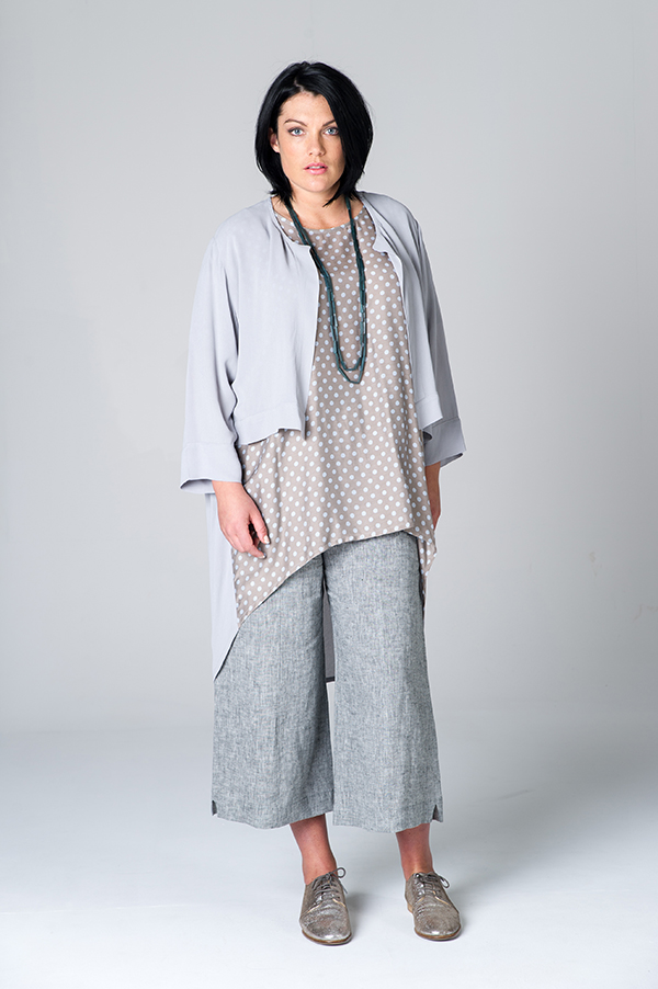 HALL clothing NZ S15012 Black Linen 3/4 Pants S15017 Spot Box Dress S15031 Jacket in Silver 