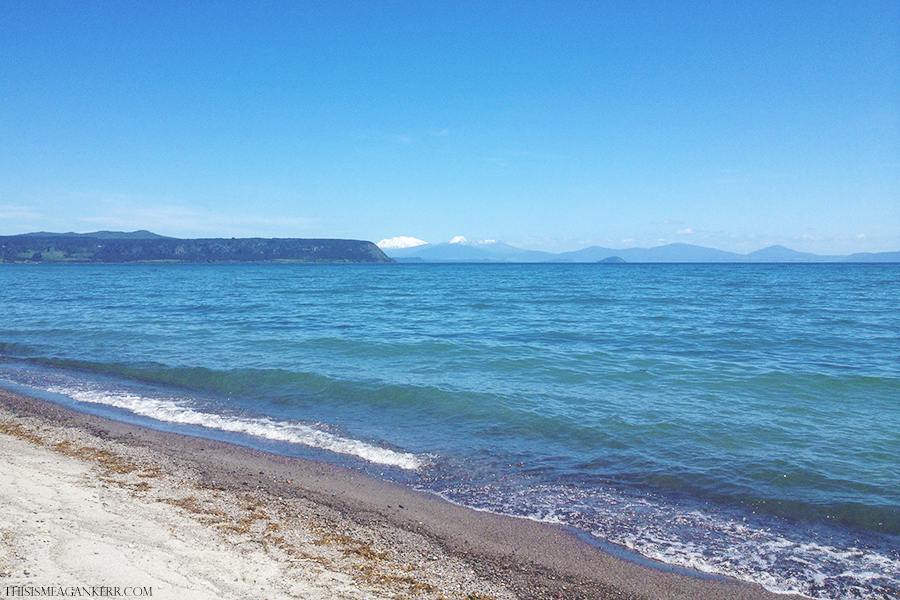 Five Mile Bay in Taupo looking back at Mt Ruapehu