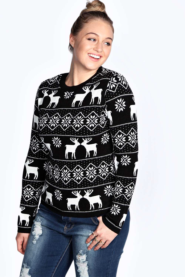 Plus size Christmas sweaters that don't suck - Boohoo Plus Isobel Reindeer Xmas Jumper