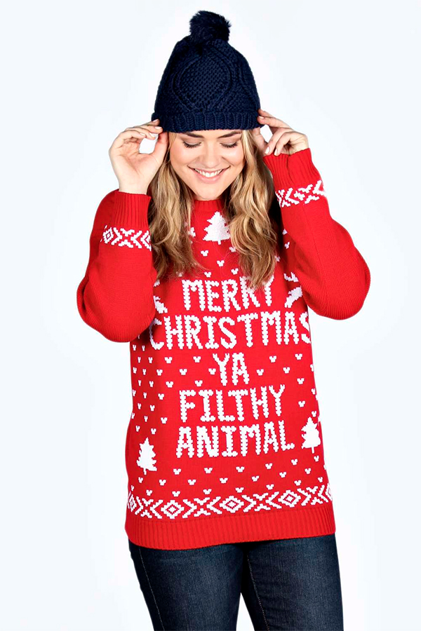 Plus size Christmas sweaters that don't suck - Boohoo Plus Ivy Filthy Animal Xmas Jumper