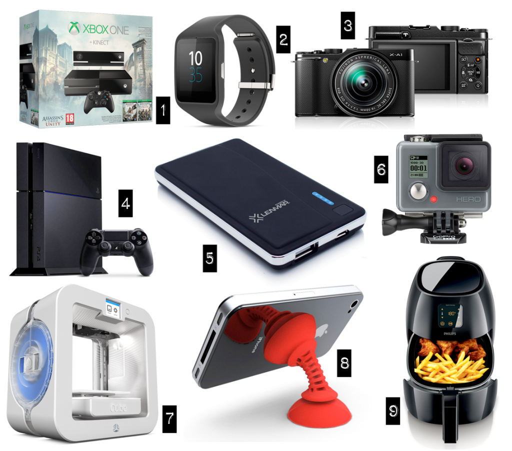 1. Xbox One with Kinect Assassin’s Creed Unity Bundle 2. Sony SmartWatch 3 SWR50 3. Fujifilm X-A1 4. Sony Playstation 4 5. Lenmar Revv 2500 Portable Battery 6. Go Pro Hero 7. Cube 3 Dual Colour 3D Printer 8. STRIKER Simple Sucker 9. Philips Air Fryer