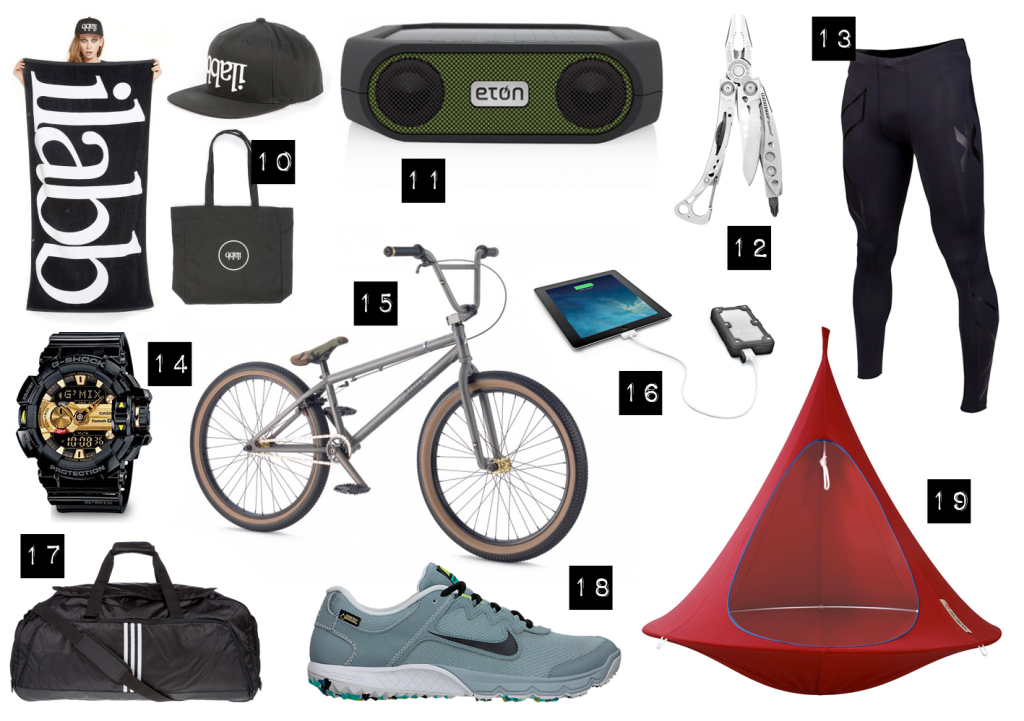 10. ilabb Tote Pack 11. Eton Rugged Rukus Bluetooth Speaker and Solar Charger 12. Leatherman Skeletool MultiTool 13. 2XU Men's Recovery Compression Tights 14. G-Shock GBA-400 Watch 15. 2014 WE THE PEOPLE Atlas 24" 16. Mophie powerstation PRO 17. adidas Performance 3S Performance Team Bag 18. Nike Air Zoom Wildhorse GTX Running Shoe 19. Cacoon
