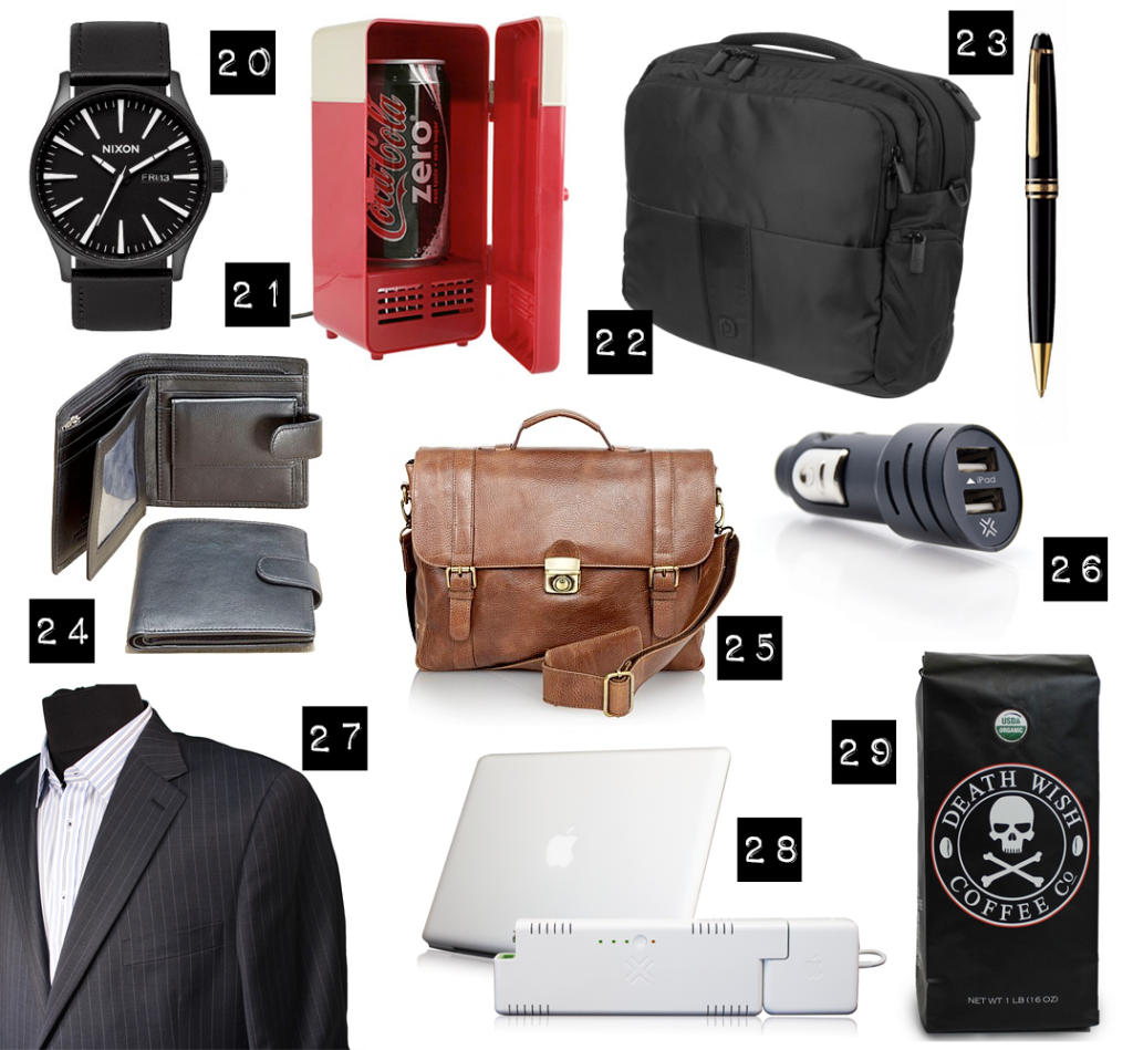 20. Ilabb Sentry Leather Watch 21. Satzuma USB Mini Fridge 22. Business Class Case 23. Montblanc Meisterstuck Classique Pen 24. Next Signature Italian Black Leather Popper Wallet 25. Next Signature Tan Leather Briefcase 26. Lenmar Dual USB Car Charger 27. Suit 28. Lenmar Chugplug Macbook External Battery Pack 29. Death Wish Coffee