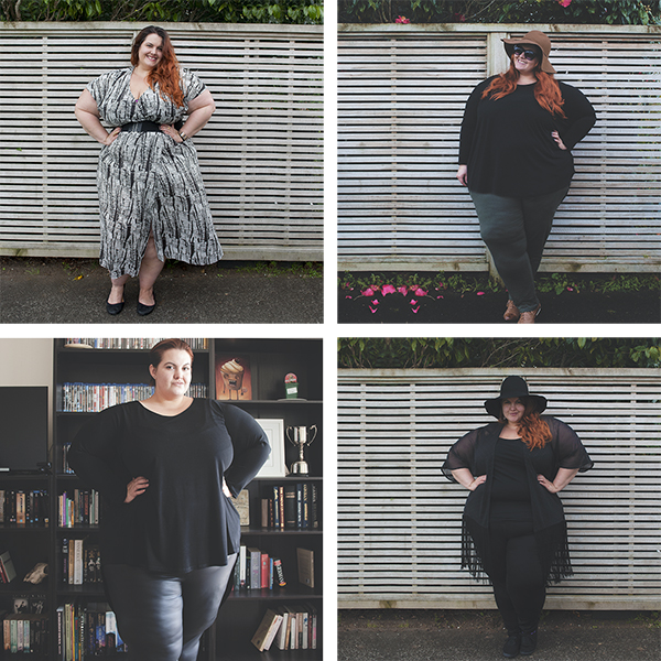 Harlow - Meagan Kerr | Clockwise from top left: Summer Love Maxi Dress; Blue Skies Ahead Oversize Top; Sweet Freedom Fringed Kimono; Wet’n Wild Scuba Leggings