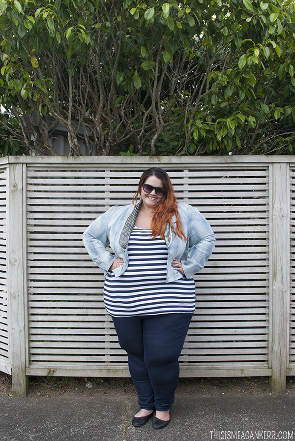 Plus size fashion - Meagan Kerr in double denim: 17 Sundays Take Me Away Sequin Trimmed jacket, Autograph Tank, Sara Jeggings from EziBuy