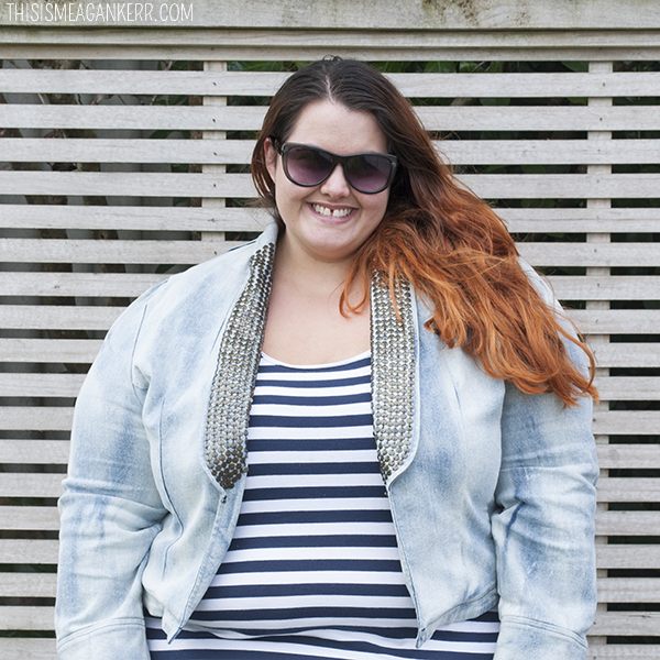 Plus size fashion - Meagan Kerr in double denim: 17 Sundays Take Me Away Sequin Trimmed jacket, Autograph Tank, Sara Jeggings from EziBuy