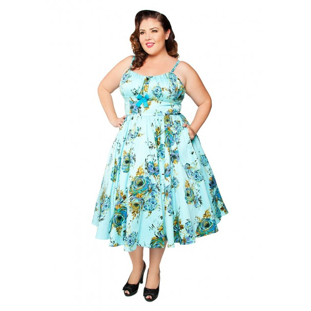 PUG Pinup Couture Ella Dress in Blue Rose Floral Print