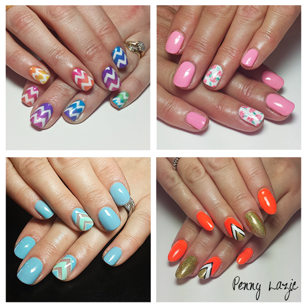 Nails by Penny Lazic from Monaco Nails & Beauty: rainbow chevron nails; Cath Kidston inspired pink rose nail art; baby blue gel manicure with negative space feature nails; orange and gold summer manicure