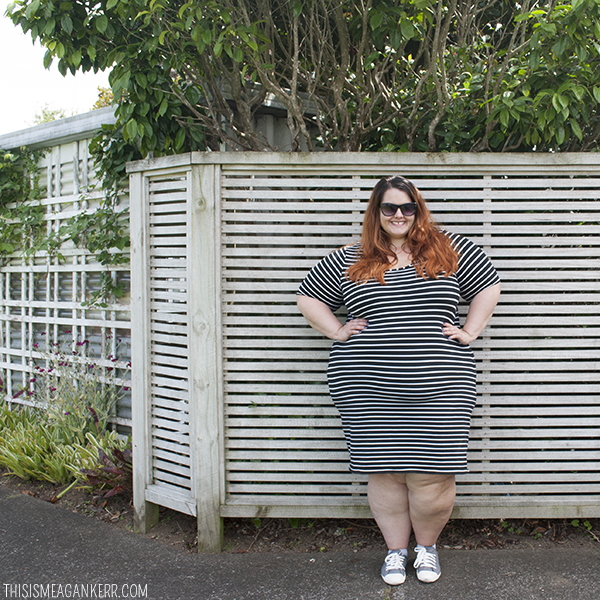 Plus size fashion | figure-hugging striped bodycon dress and pastel shoes