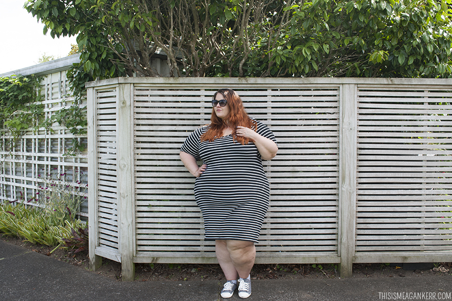 Plus size fashion | figure-hugging striped bodycon dress and pastel shoes