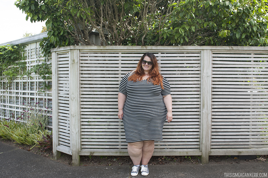 Plus size fashion | figure-hugging striped bodycon dress and pastel shoes