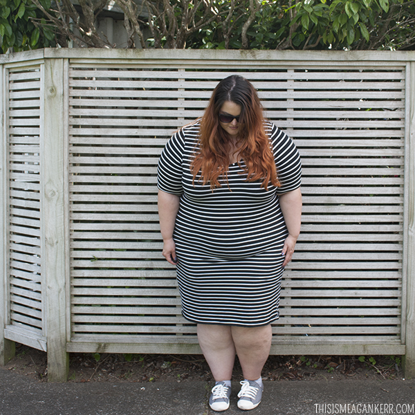 Plus size fashion | figure-hugging striped bodycon dress and pastel shoes
