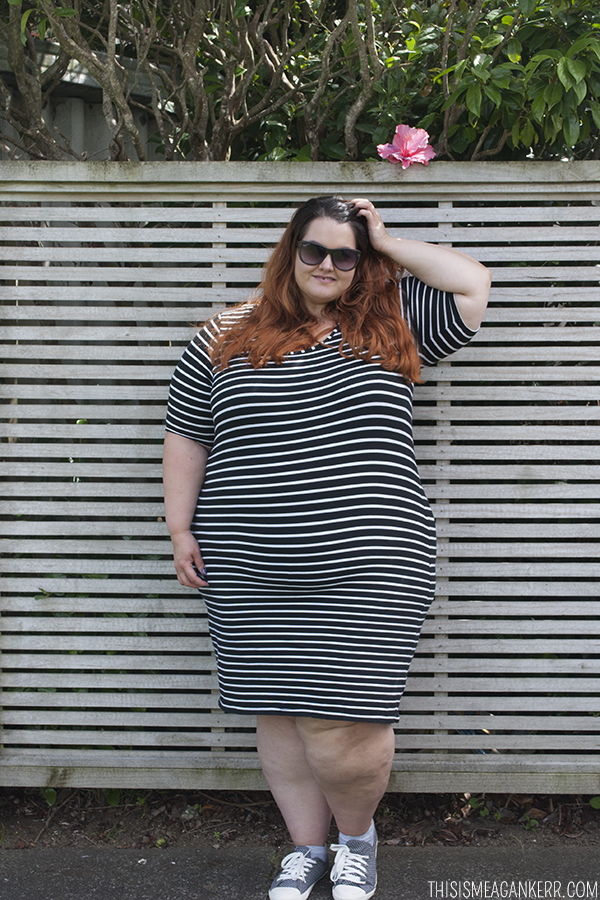 Plus size fashion | figure-hugging striped bodycon dress and pastel shoes