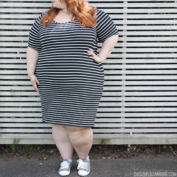 Plus size fashion | figure-hugging striped bodycon dress and pastel shoes