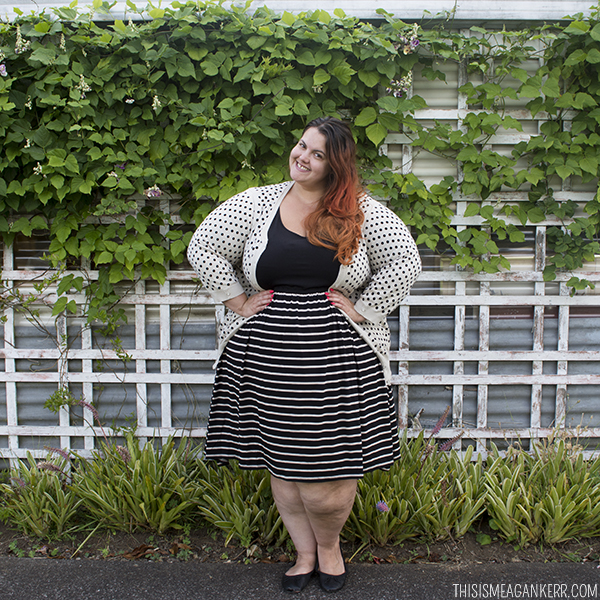 New Zealand plus size blogger Meagan Kerr wears 17 Sundays Black and Bone Striped Fit n Flare Dress and Sara Spot Cardigan