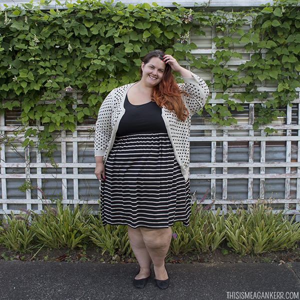 New Zealand plus size blogger Meagan Kerr wears 17 Sundays Black and Bone Striped Fit n Flare Dress and Sara Spot Cardigan