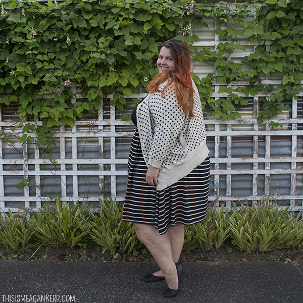 New Zealand plus size blogger Meagan Kerr wears 17 Sundays Black and Bone Striped Fit n Flare Dress and Sara Spot Cardigan