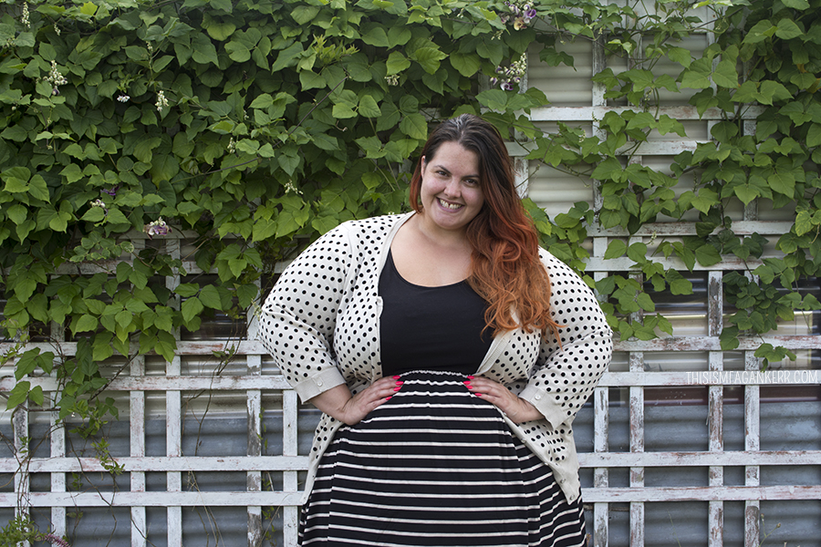 New Zealand plus size blogger Meagan Kerr wears 17 Sundays Black and Bone Striped Fit n Flare Dress and Sara Spot Cardigan