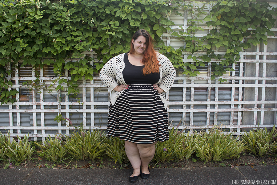 New Zealand plus size blogger Meagan Kerr wears 17 Sundays Black and Bone Striped Fit n Flare Dress and Sara Spot Cardigan