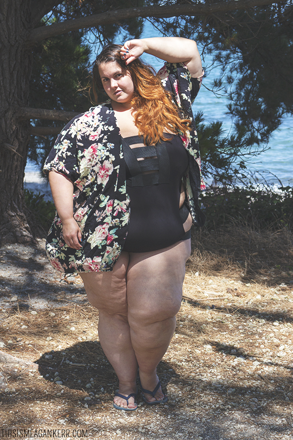 Plus size swimwear | Meagan Kerr wears Gisela Ramirez Bondage Bathers and Sara Floral Kimono