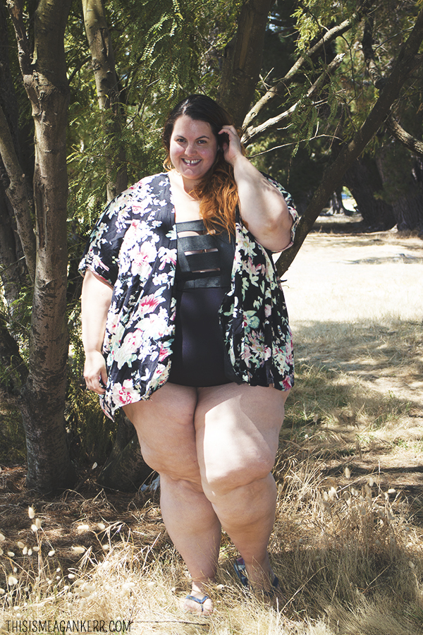 Plus size swimwear | Meagan Kerr wears Gisela Ramirez Bondage Bathers and Sara Floral Kimono