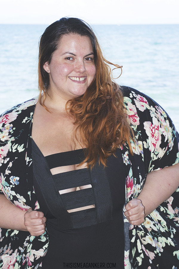 Plus size swimwear | Meagan Kerr wears Gisela Ramirez Bondage Bathers and Sara Floral Kimono