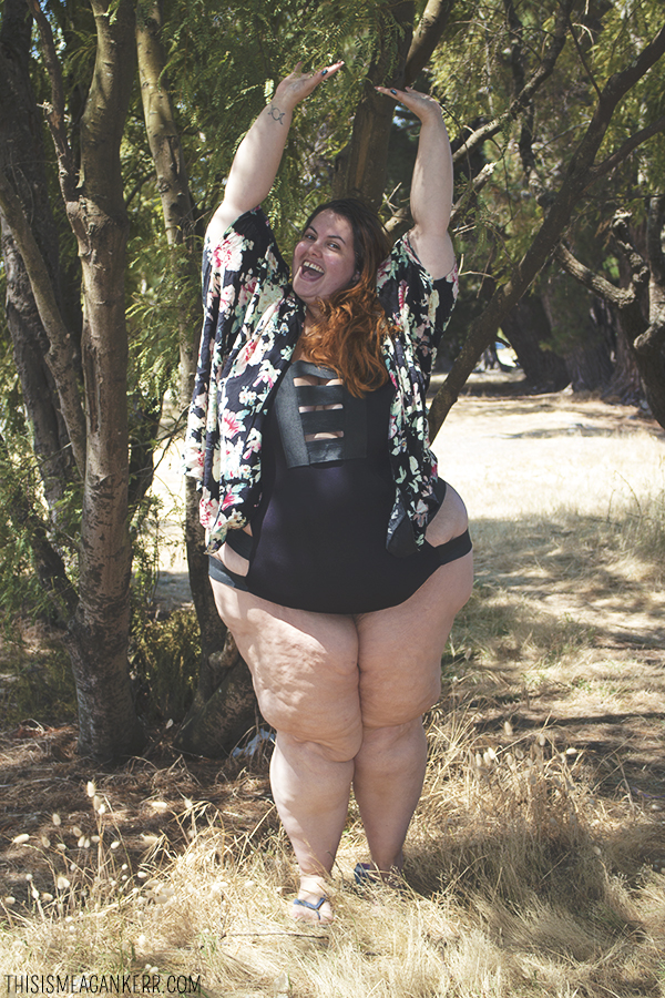 Plus size swimwear | Meagan Kerr wears Gisela Ramirez Bondage Bathers and Sara Floral Kimono