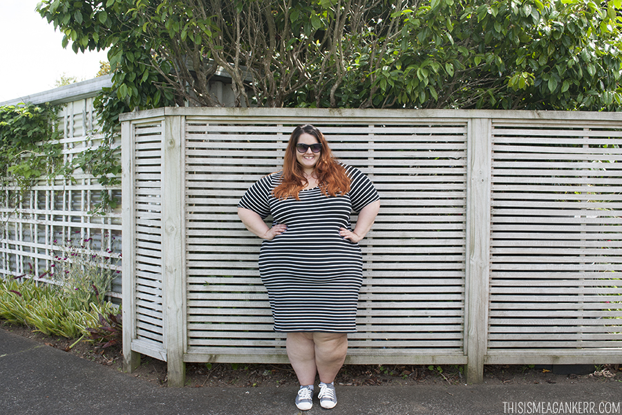 Meagan Kerr - THISISMKSTYLE | Plus size fashion | figure-hugging striped bodycon dress and pastel shoes