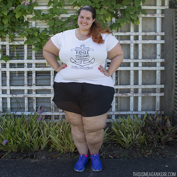 Plus Size Activewear - Meagan Kerr wears Hope and Harvest Anchor Tee with 17 Sundays Boyfriend Shorts and Nike LunarGlide 6 Flash Shoes