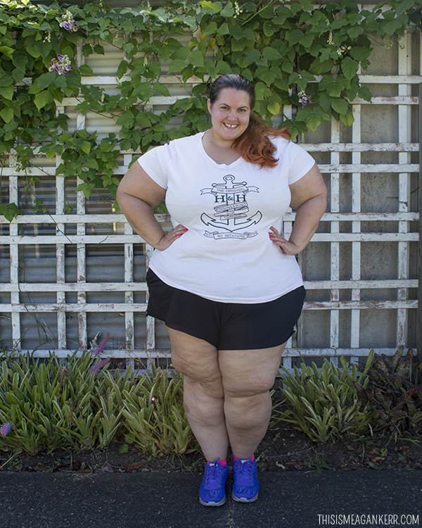 Plus Size Activewear - Meagan Kerr wears Hope and Harvest Anchor Tee with 17 Sundays Boyfriend Shorts and Nike LunarGlide 6 Flash Shoes