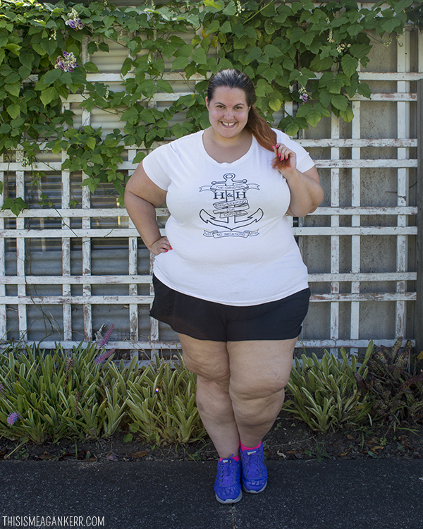 Plus Size Activewear - Meagan Kerr wears Hope and Harvest Anchor Tee with 17 Sundays Boyfriend Shorts and Nike LunarGlide 6 Flash Shoes