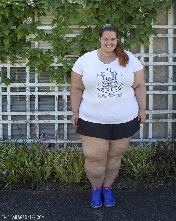 Plus Size Activewear - Meagan Kerr wears Hope and Harvest Anchor Tee with 17 Sundays Boyfriend Shorts and Nike LunarGlide 6 Flash Shoes