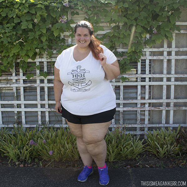 Plus Size Activewear - Meagan Kerr wears Hope and Harvest Anchor Tee with 17 Sundays Boyfriend Shorts and Nike LunarGlide 6 Flash Shoes