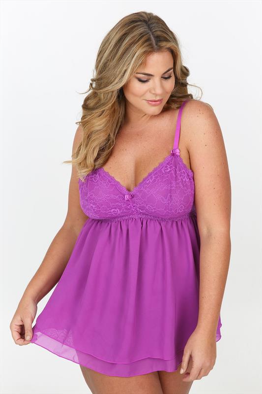 Yours Clothing Purple Chiffon Babydoll And Thong Set With Lace Detail
